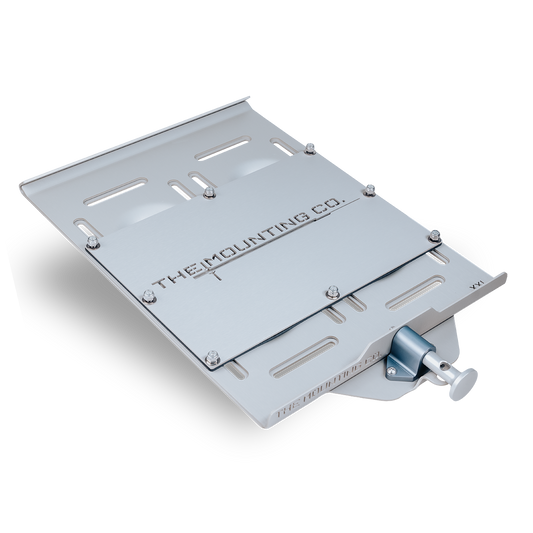 Silver aluminum XXL mount plate with quick-release lever and multiple slots for versatile attachment.