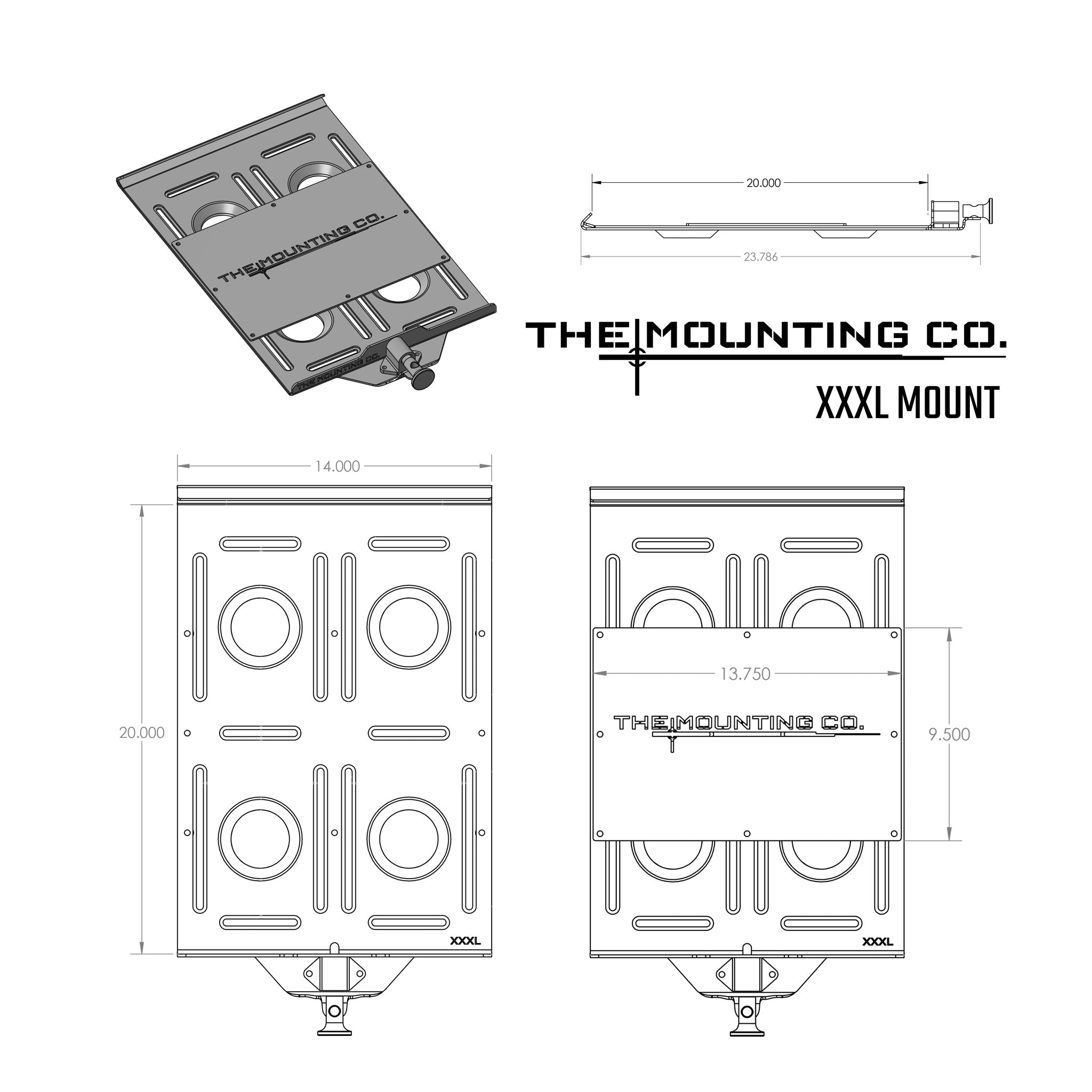 Black rectangular aluminum mount plate with multiple rounded slots and central brand engraving.