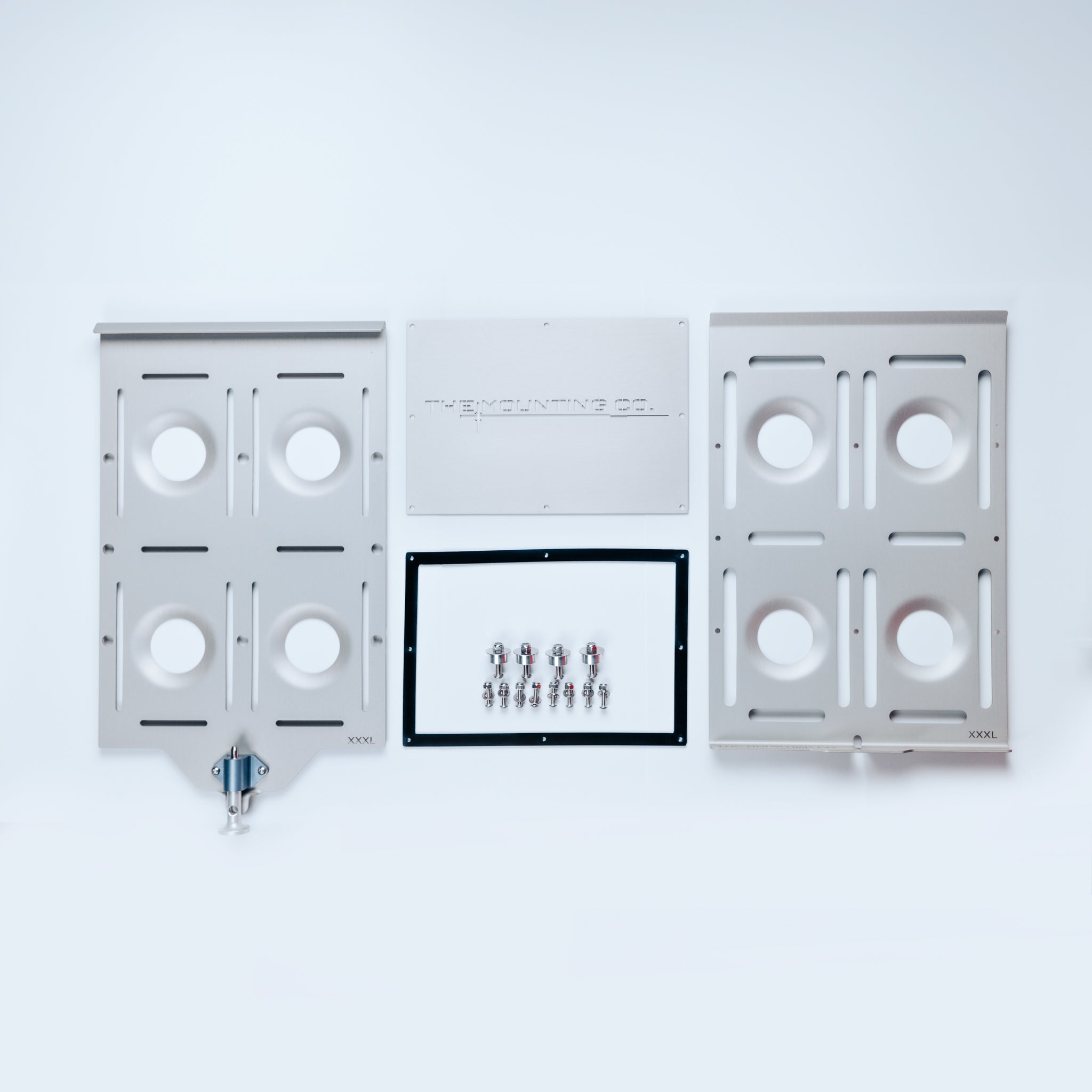 Silver aluminum XXXL Mount with multiple circular cutouts and quick-release pins displayed on a white background.