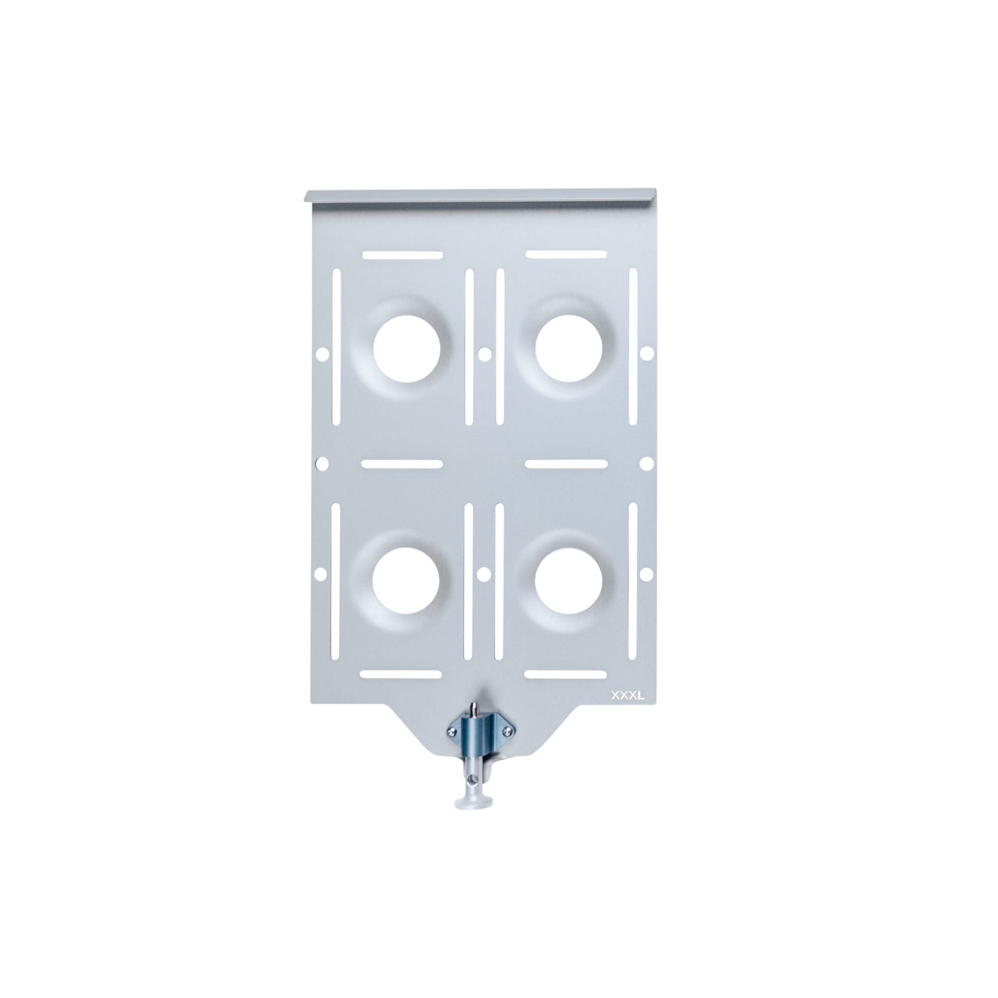 Silver aluminum XXXL base plate with multiple mounting holes and a central quick-release latch.