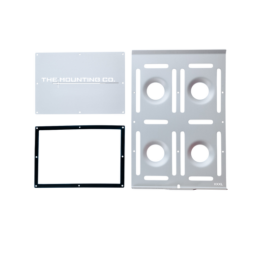 Aluminum XXXL mount plate kit with silver perforated baseplate, white engraved cover, and black rectangular frame.