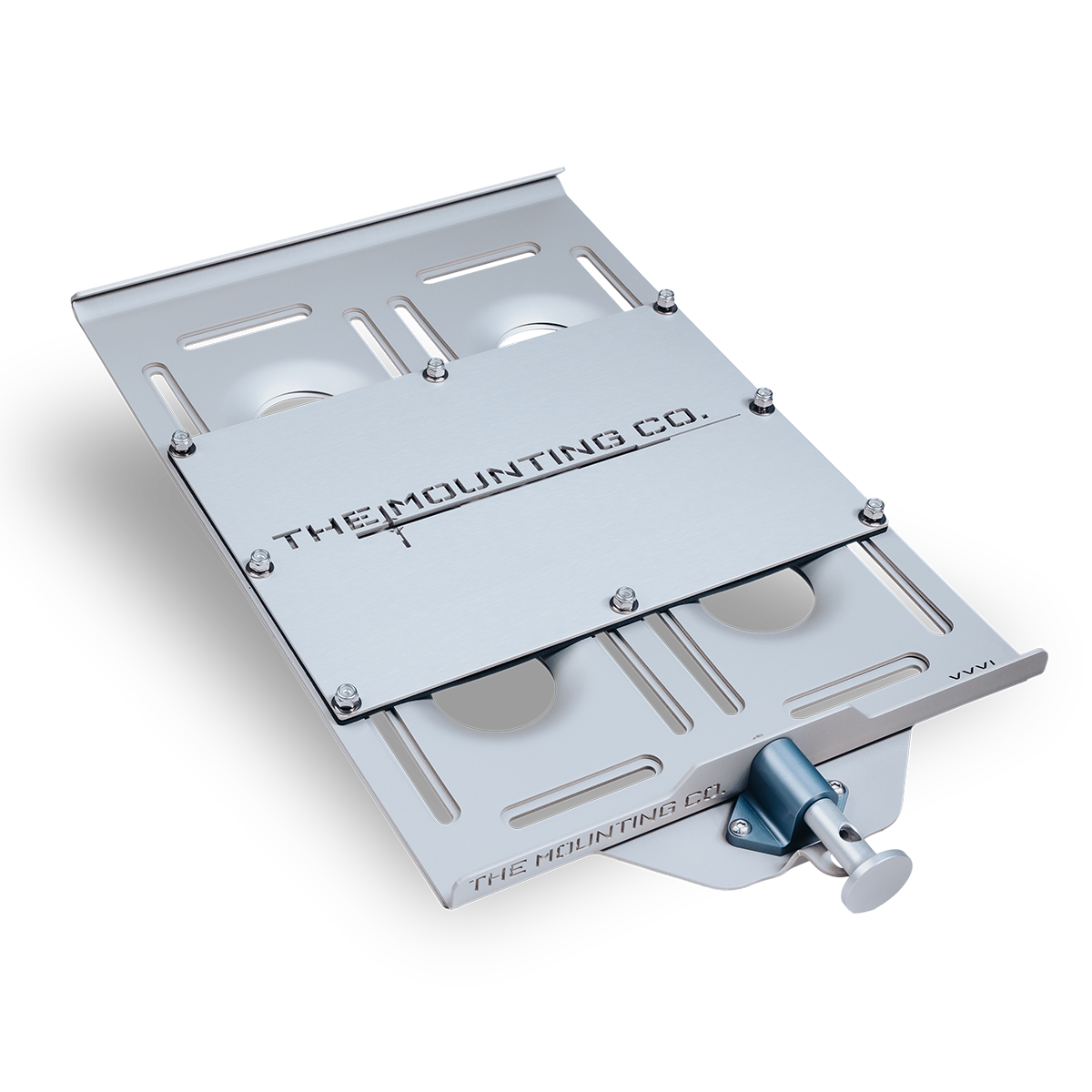 Silver aluminum XXXL Mount plate with adjustable slots and quick-release clamp on white background.