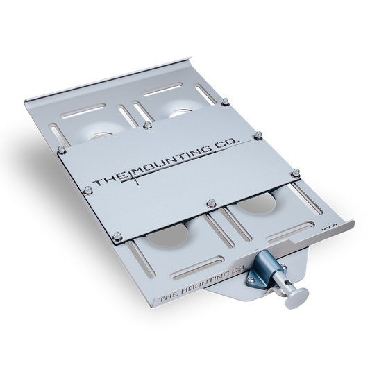 Silver aluminum XXXL Mount plate with adjustable slots and quick-release clamp on white background.