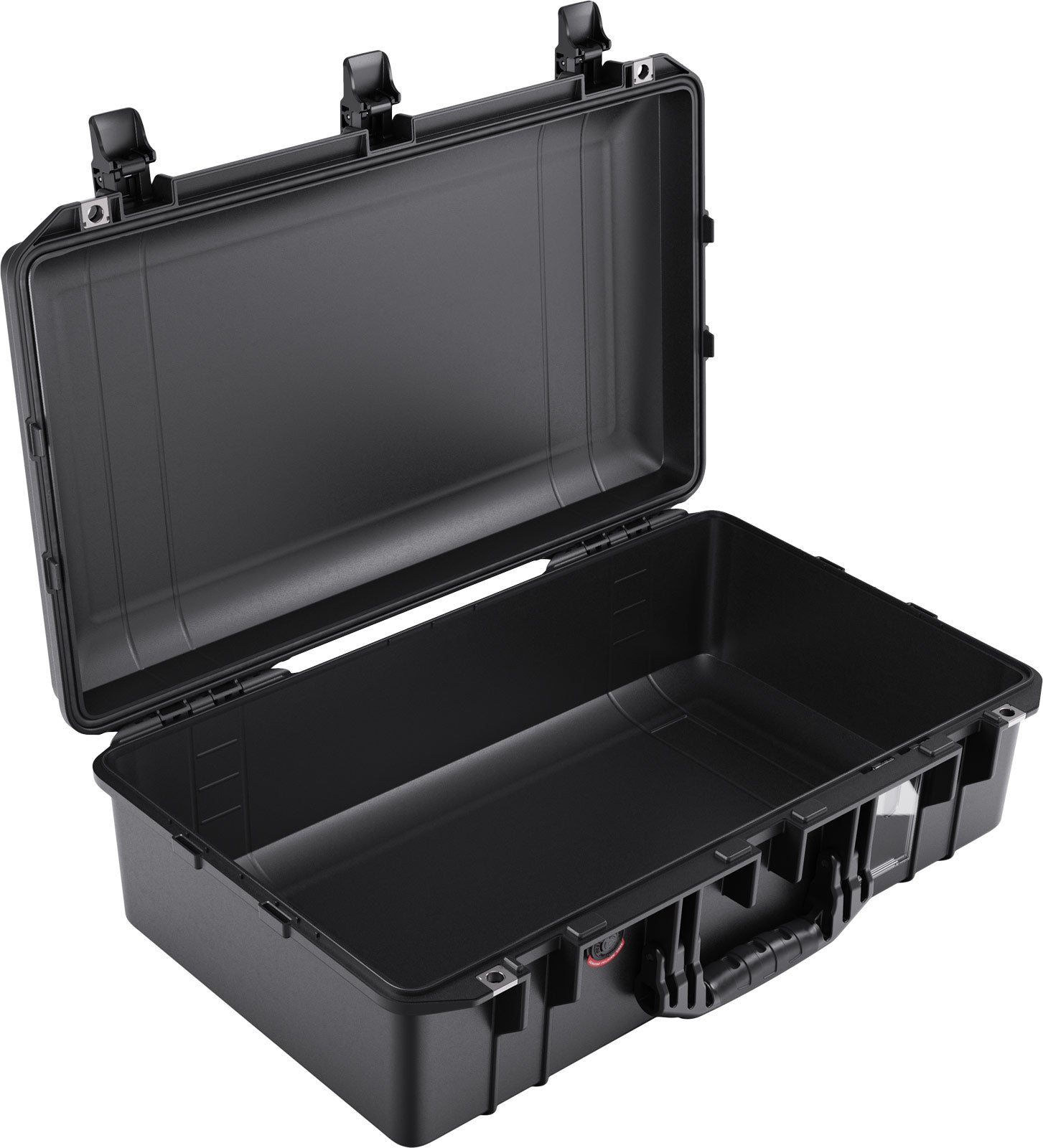 Large black Pelican Air 1555 carrying case with open lid and secure latches.