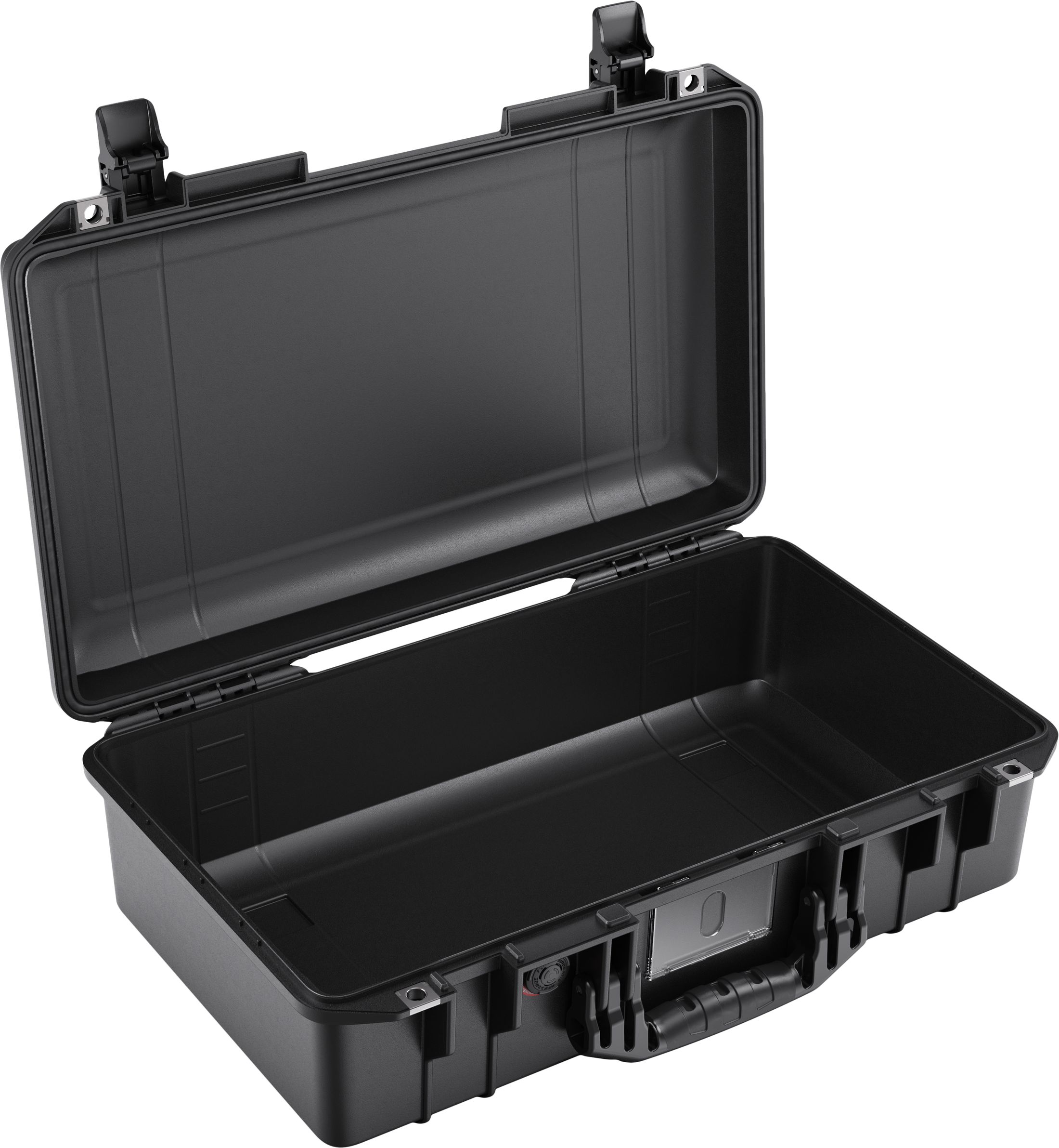 Open black hard-shell Pelican Air 1525 protective case with durable latches and handle.