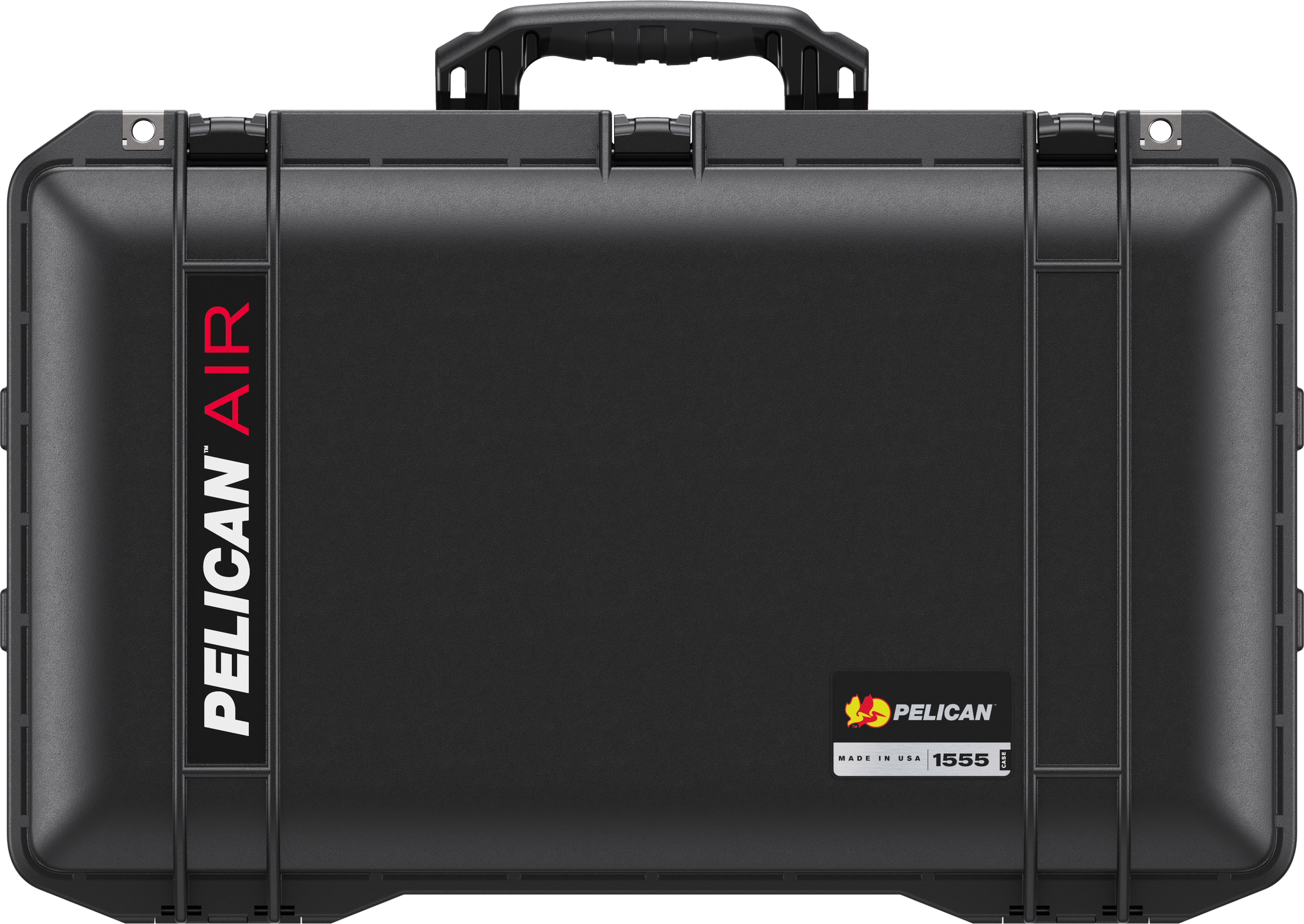 Large black Pelican Air 1555 protective hard case with handle and red and white logo text.