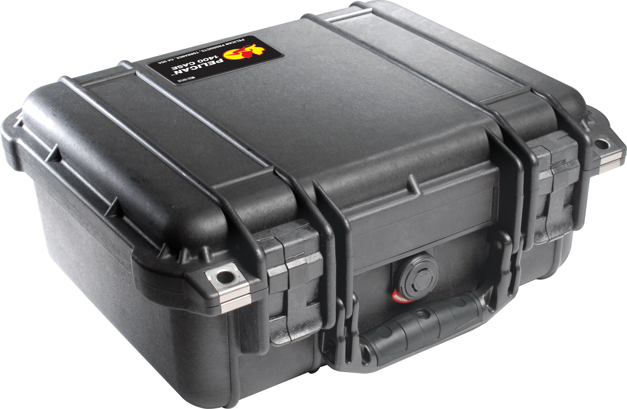 Black hard-shell Pelican Protector 1400 case with secure latches and reinforced corners.