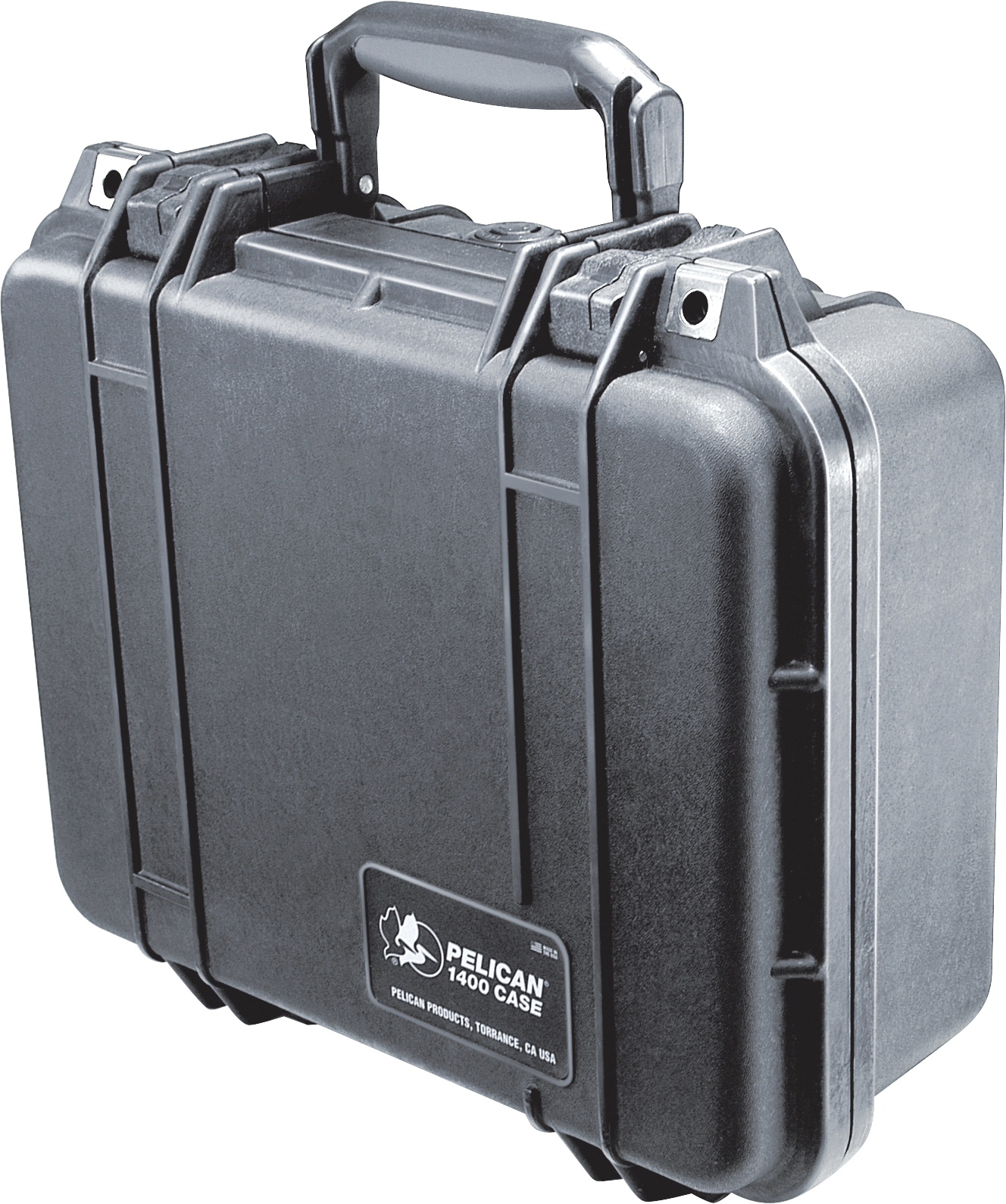 Black hard-shell protective case with handle and secure latches, Pelican Protector 1400 model.