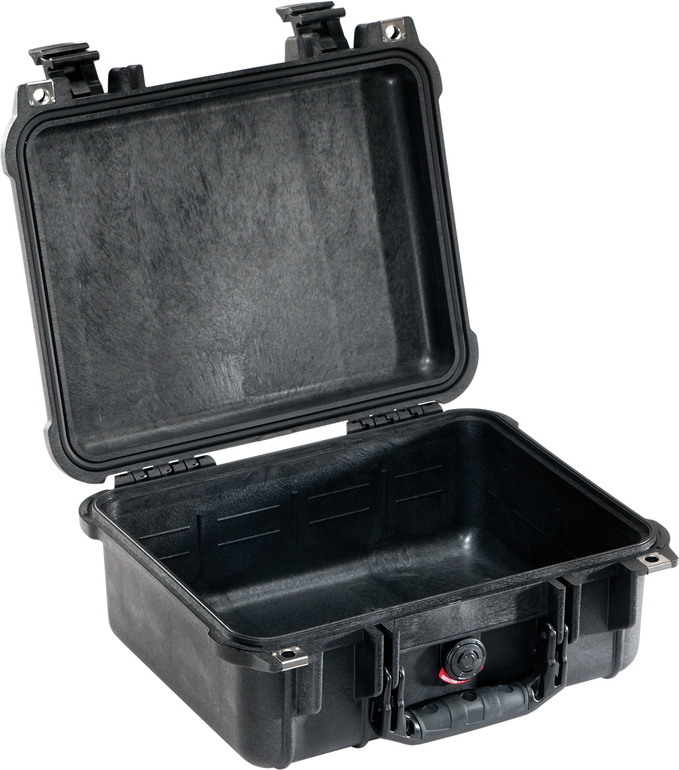 Black Pelican Protector 1400 medium case open with padded interior and secure latches.