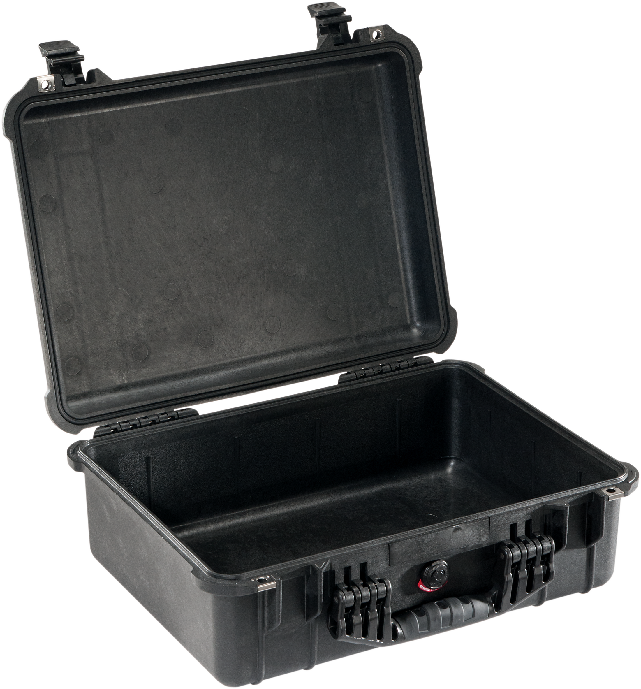 Black large rugged protective case with open lid, reinforced corners, and secure latches.