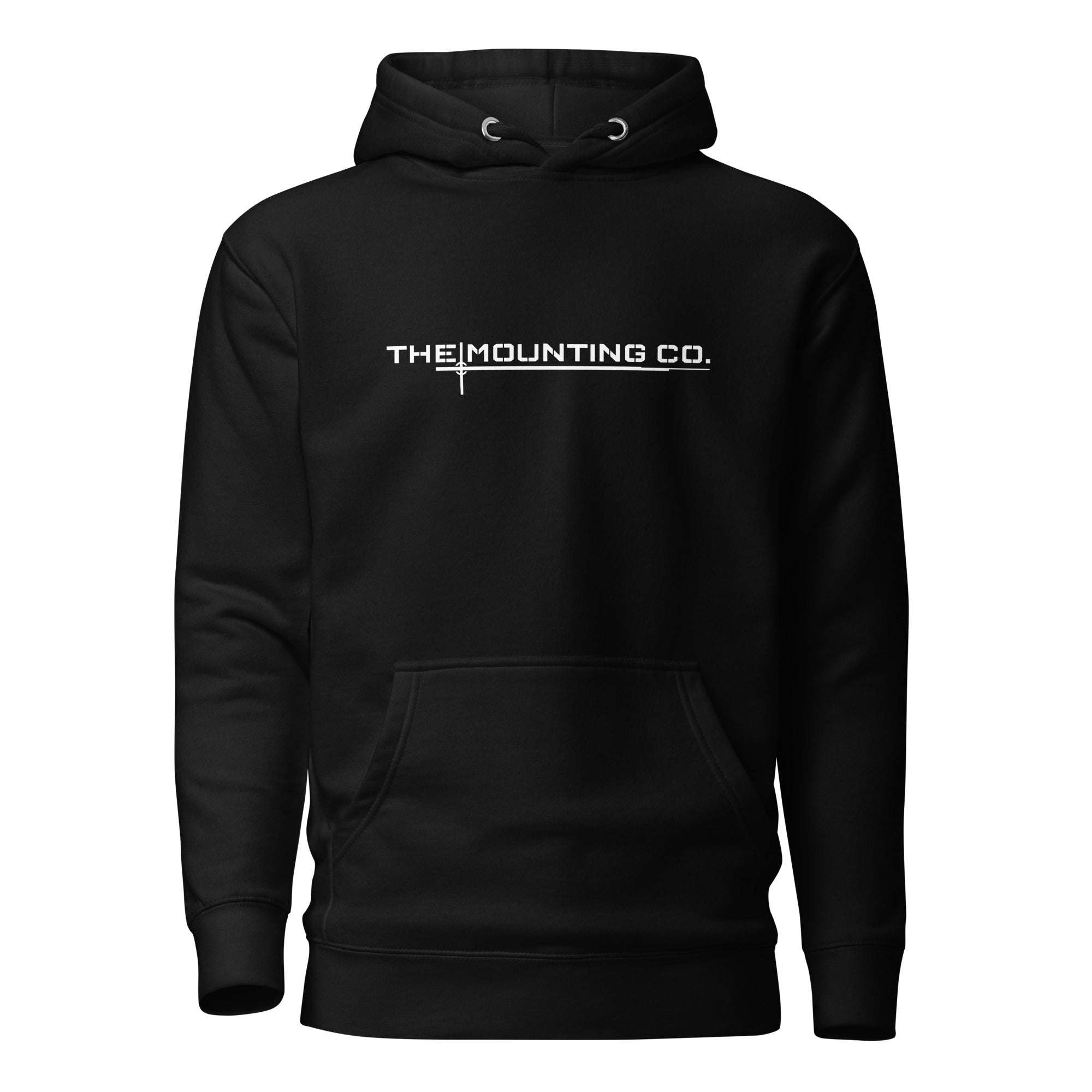 Black pullover hoodie with white "THE MOUNTING CO." logo on chest and front kangaroo pocket.