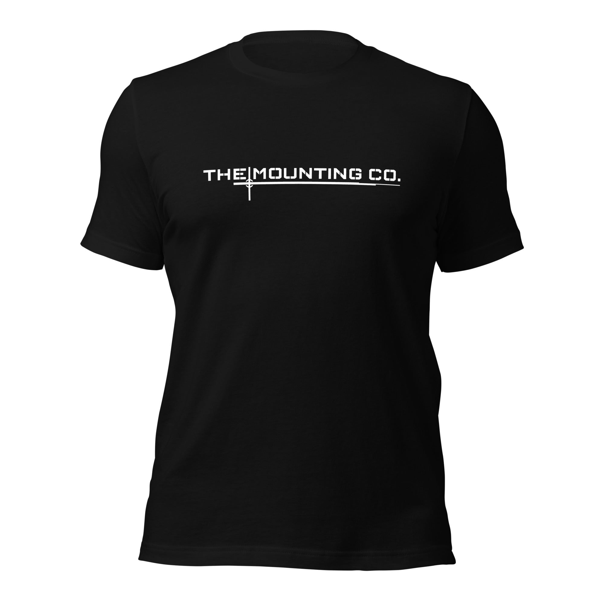 Black short-sleeve crew neck t-shirt with white "THE MOUNTING CO." logo on the chest.
