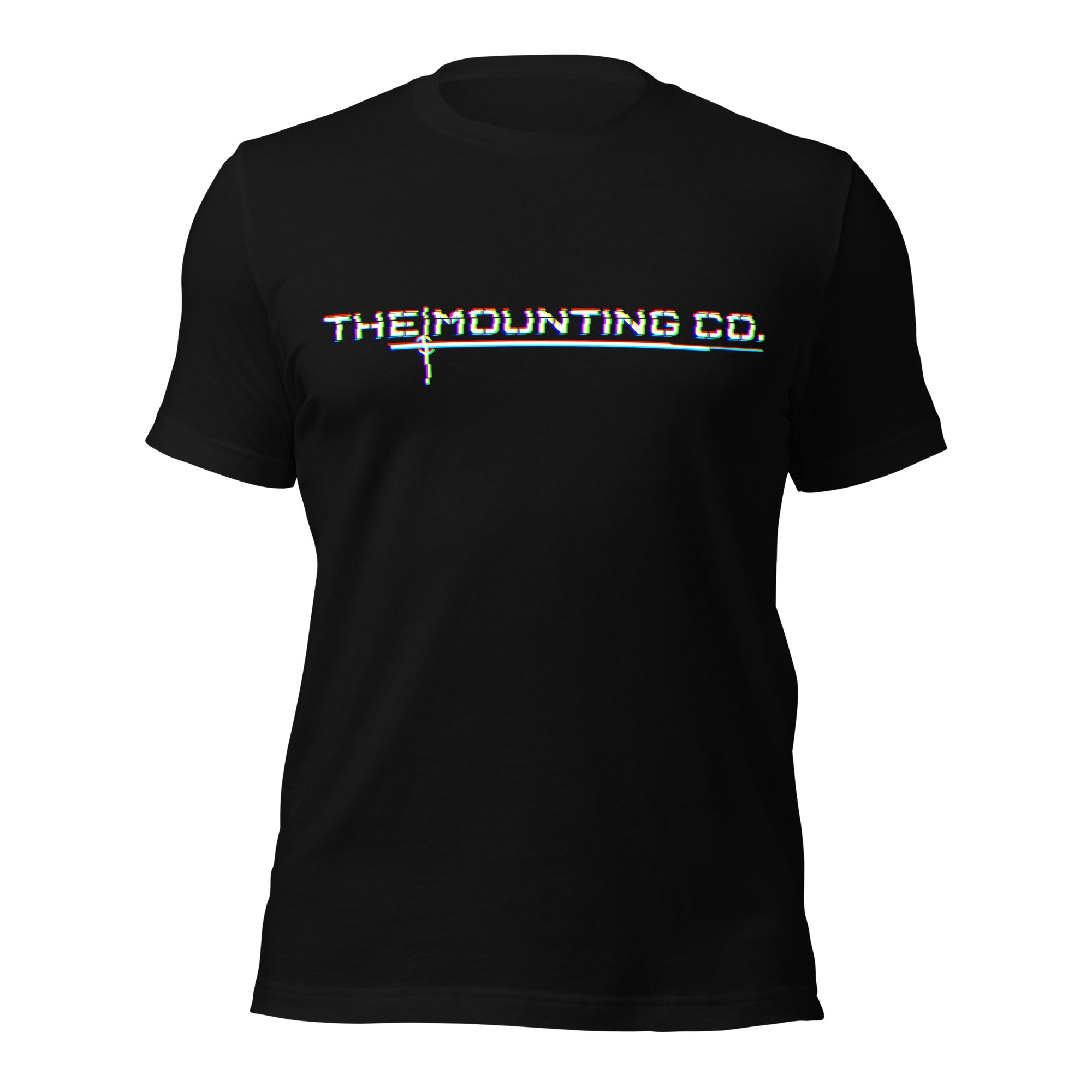 Black t-shirt with white glitch-effect "THE MOUNTING CO." logo across the chest.