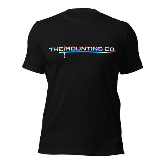 Black t-shirt with white glitch-effect "THE MOUNTING CO." logo across the chest.