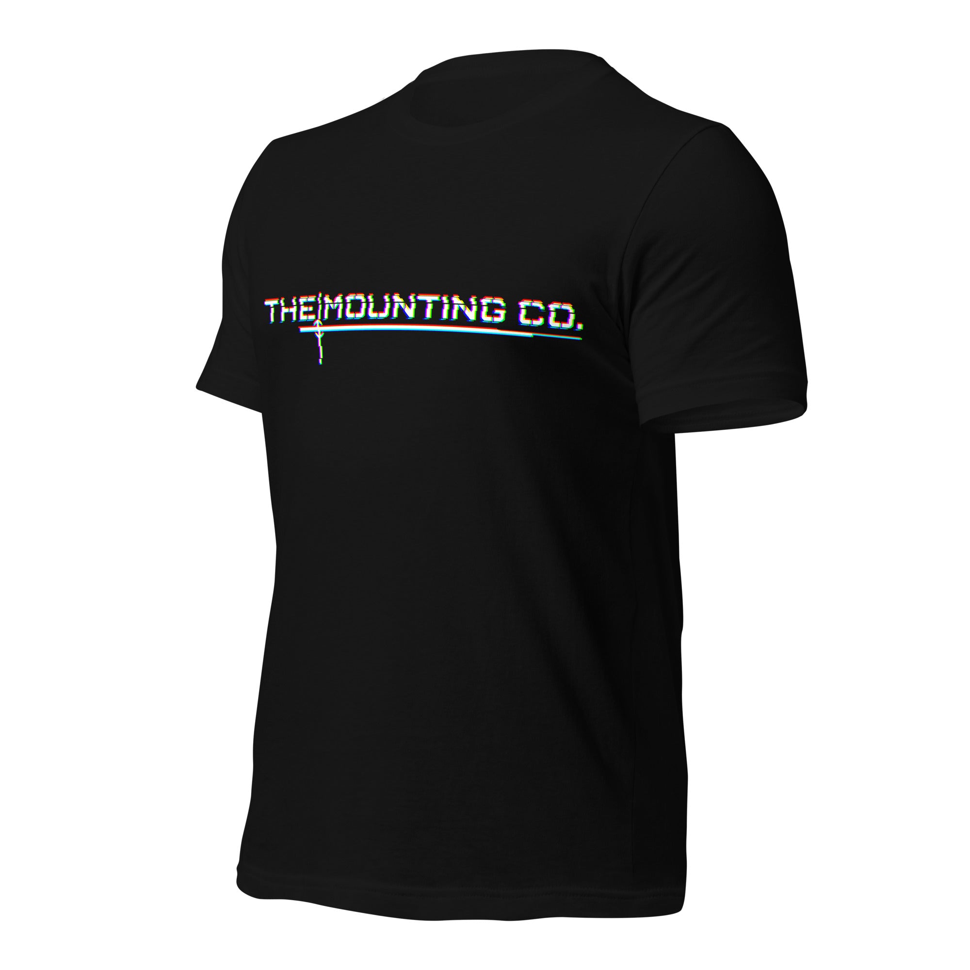 Black t-shirt with white glitch-style "THE MOUNTING CO." logo across the chest.
