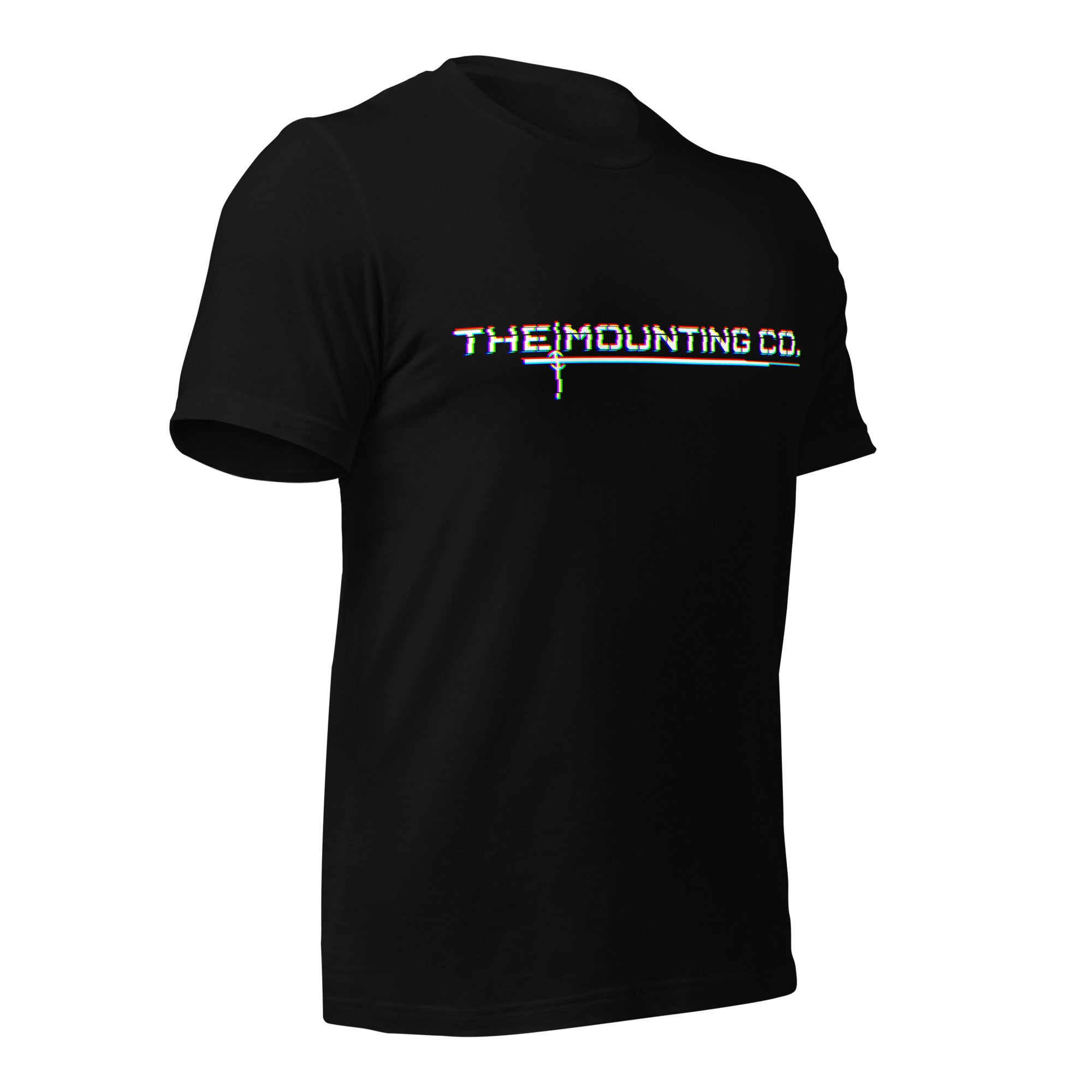 Black short-sleeve t-shirt with white glitch-style text reading "THE MOUNTING CO." across the chest.