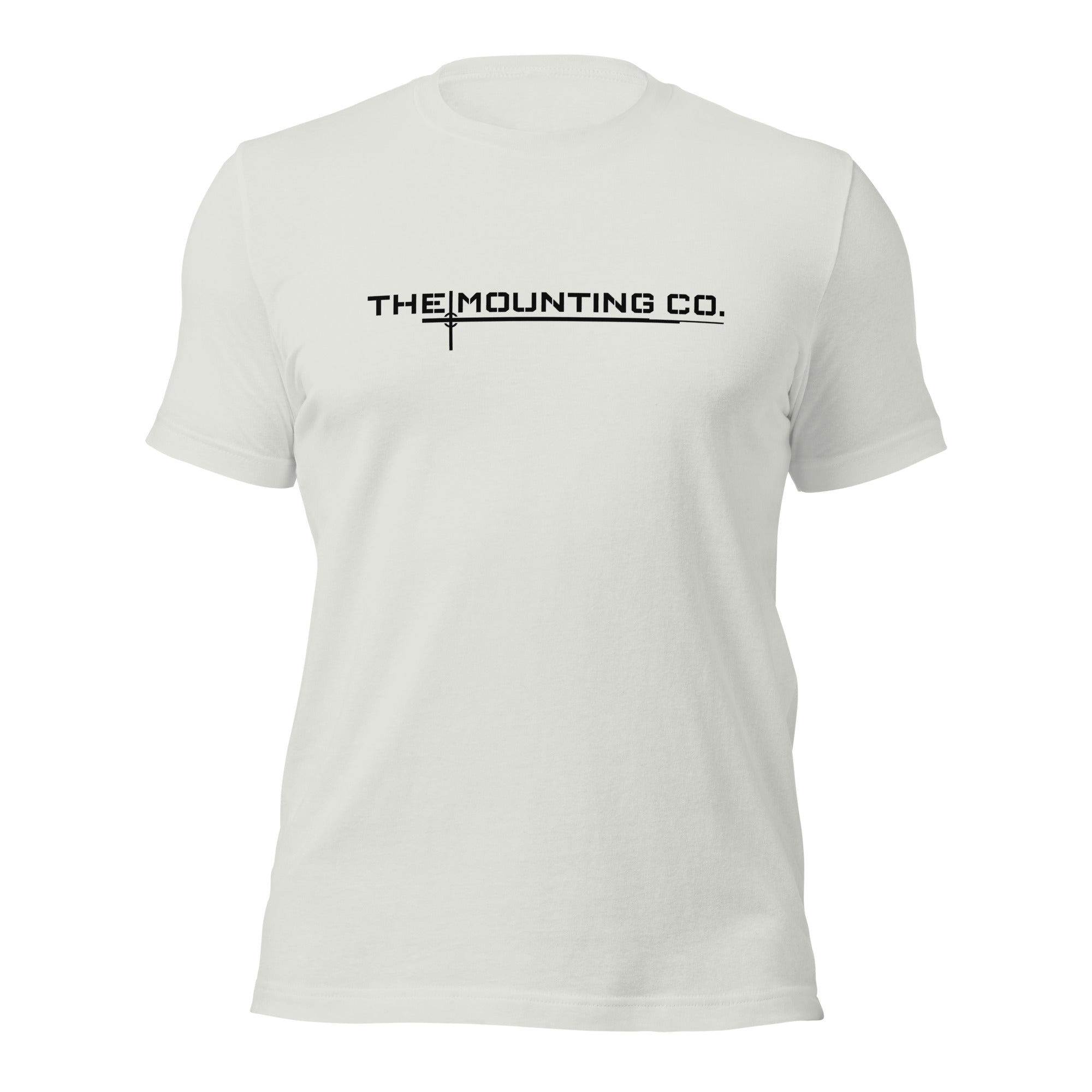 Light grey crew neck t-shirt with black "THE MOUNTING CO." logo centered on front.