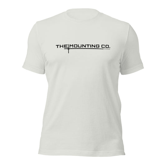 Light grey crew neck t-shirt with black "THE MOUNTING CO." logo centered on front.
