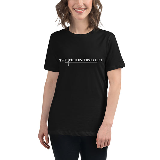 Black women's relaxed fit t-shirt with white The Mounting Co. logo on the chest.