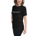 Load image into Gallery viewer, Black relaxed-fit women's t-shirt with white "Mounting Co." logo on front, short sleeves.
