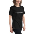 Load image into Gallery viewer, Black women's relaxed fit T-shirt with white "THE MOUNTING CO" logo across the chest.

