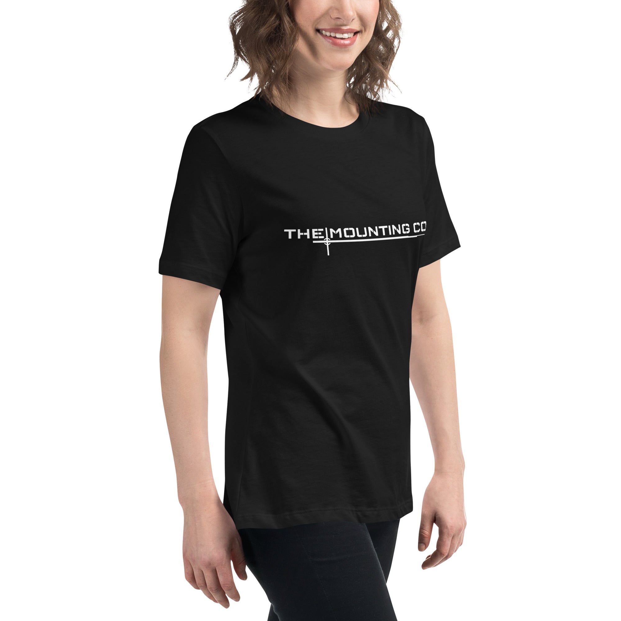 Black women's relaxed fit T-shirt with white "THE MOUNTING CO" logo across the chest.