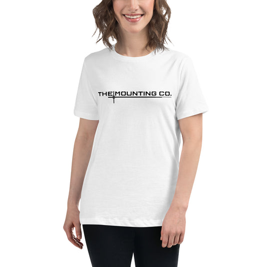 White relaxed-fit women's t-shirt with black "THE MOUNTING CO." logo across the chest.