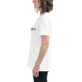 Load image into Gallery viewer, White relaxed-fit women's t-shirt with short sleeves and small black logo on chest, side view.
