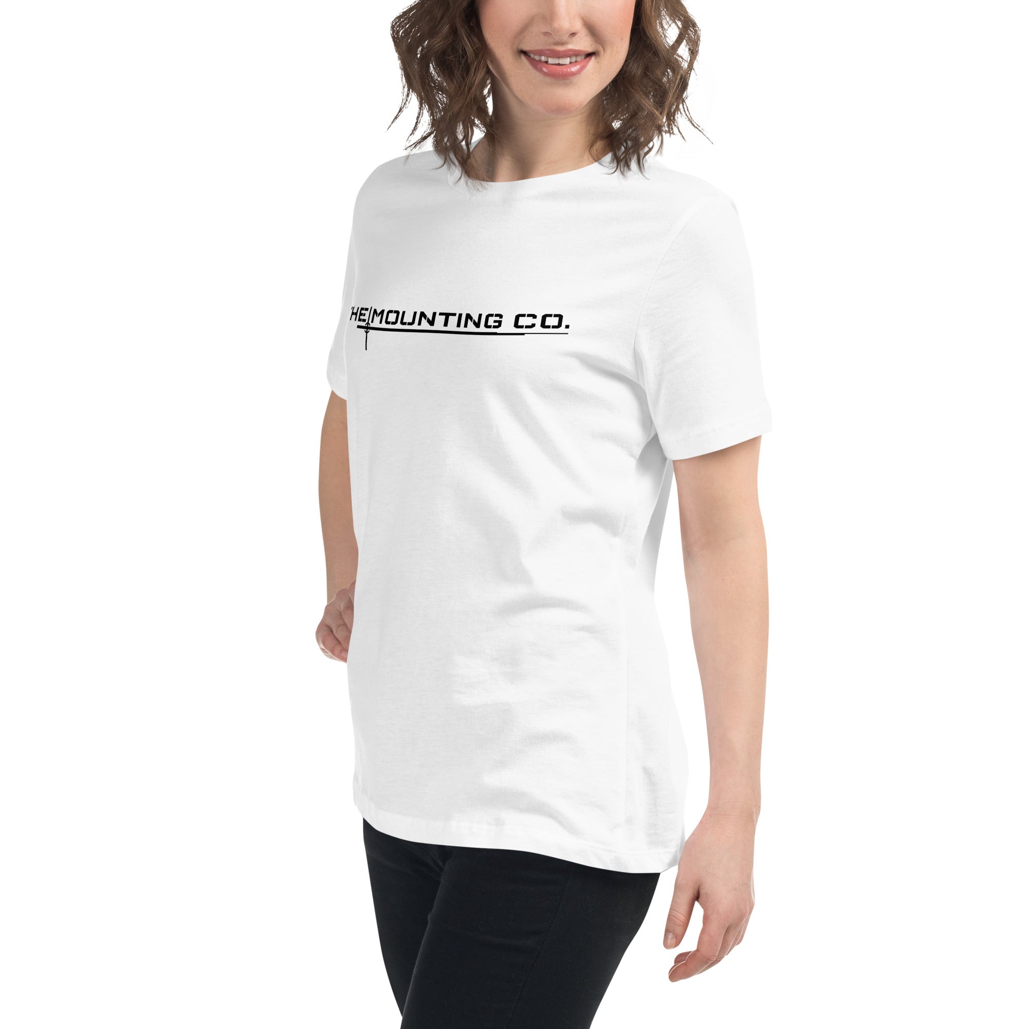 White relaxed-fit women's t-shirt with black "Mounting Co." logo across chest.