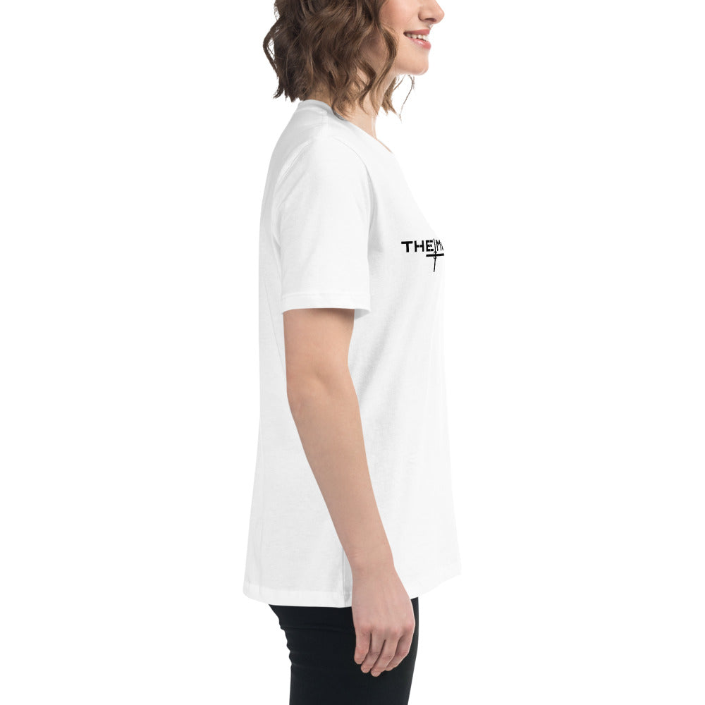 White relaxed fit women's t-shirt with short sleeves, crew neck, and black text logo on front.