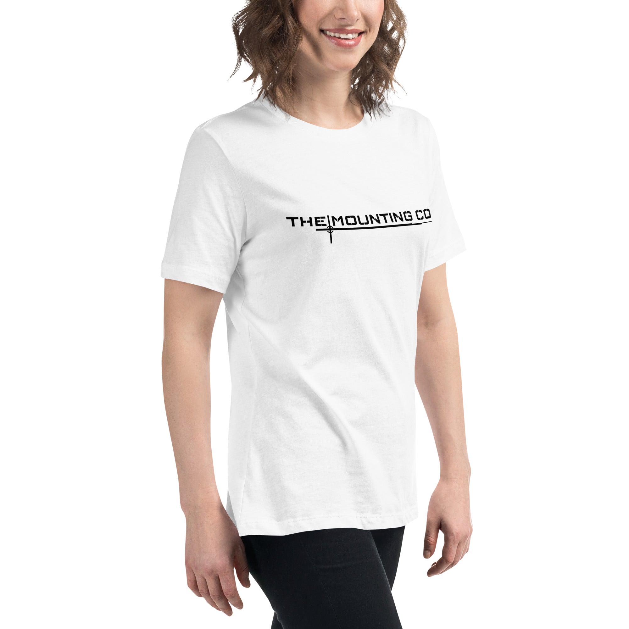 White relaxed-fit women's t-shirt with black "THE MOUNTING CO" logo across chest.